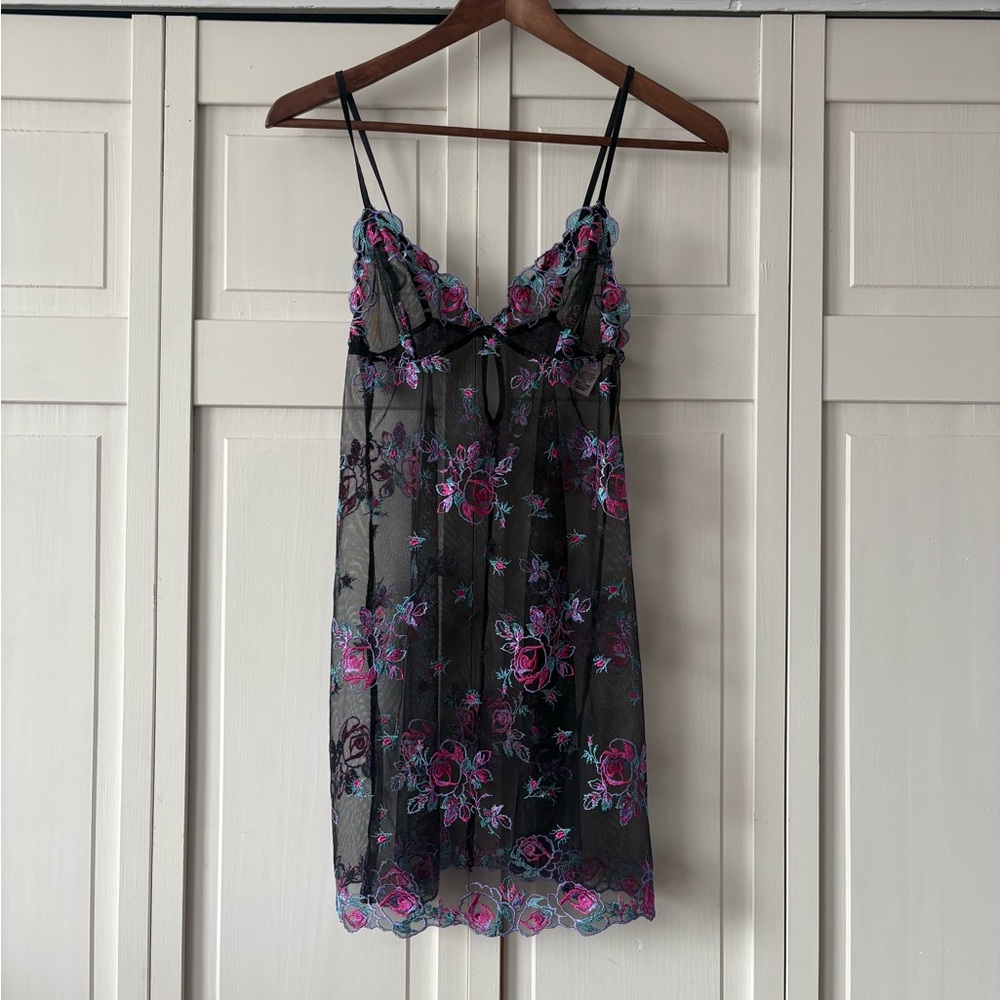 Victoria's Secret black mesh bralette with teal and purple floral embroidery